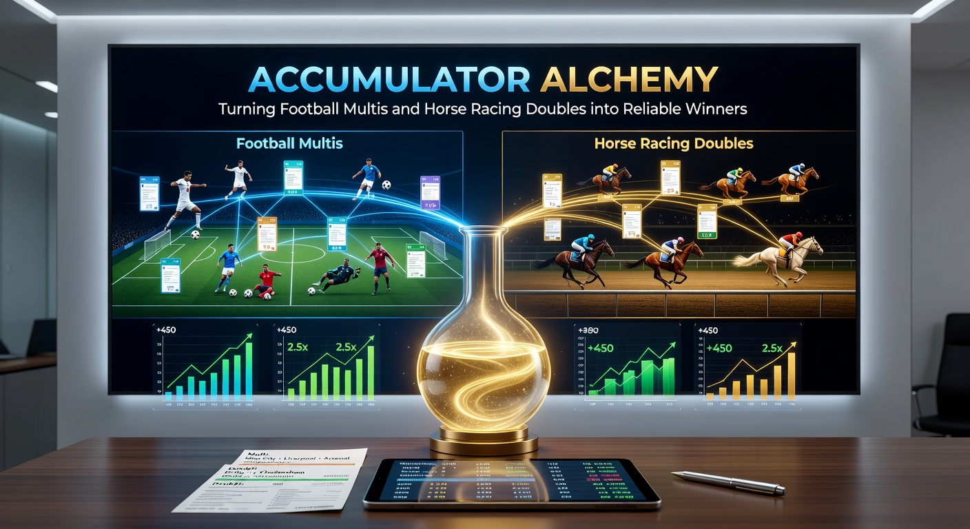 Horse racing scene at a sunlit track with two horses crossing the finish line neck-and-neck, betting board in background highlighting double odds