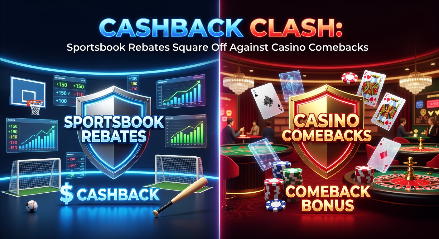 Digital graphic showing sportsbook cashback rebates battling casino comeback bonuses, with money icons and wagering symbols clashing dynamically