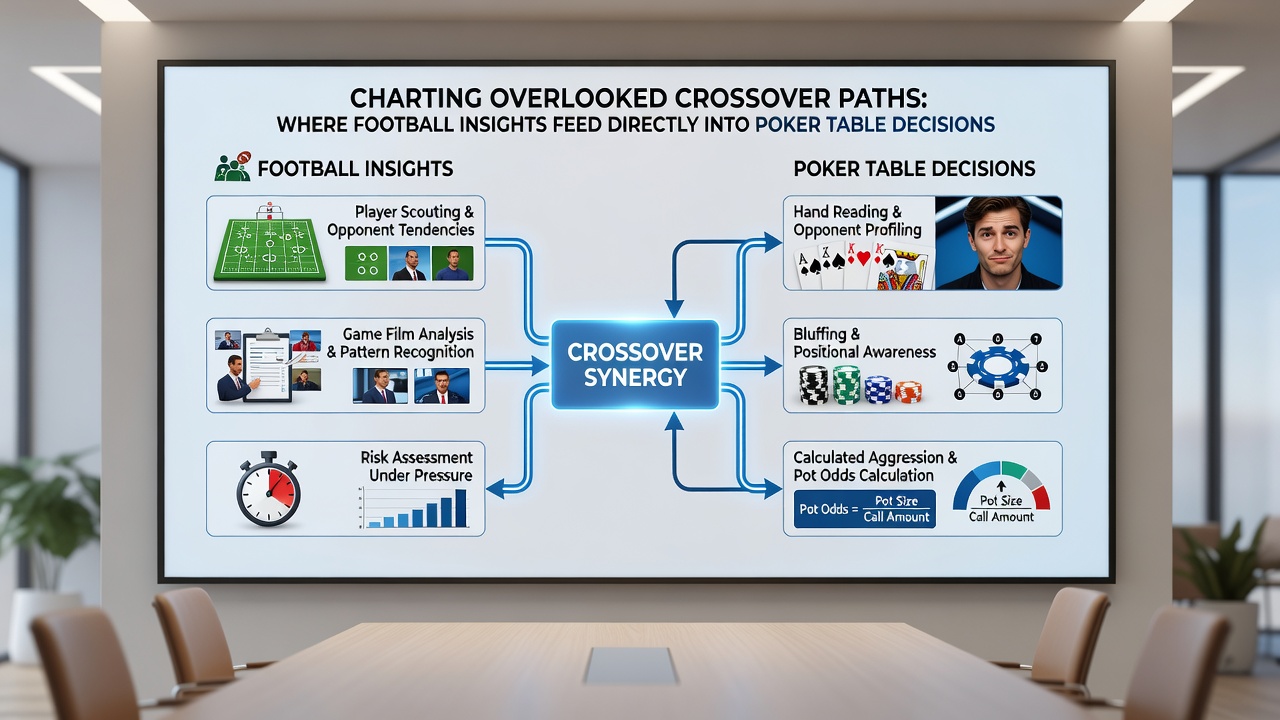 Split-screen view of a poker table and virtual football stadium with data overlays highlighting shared decision metrics