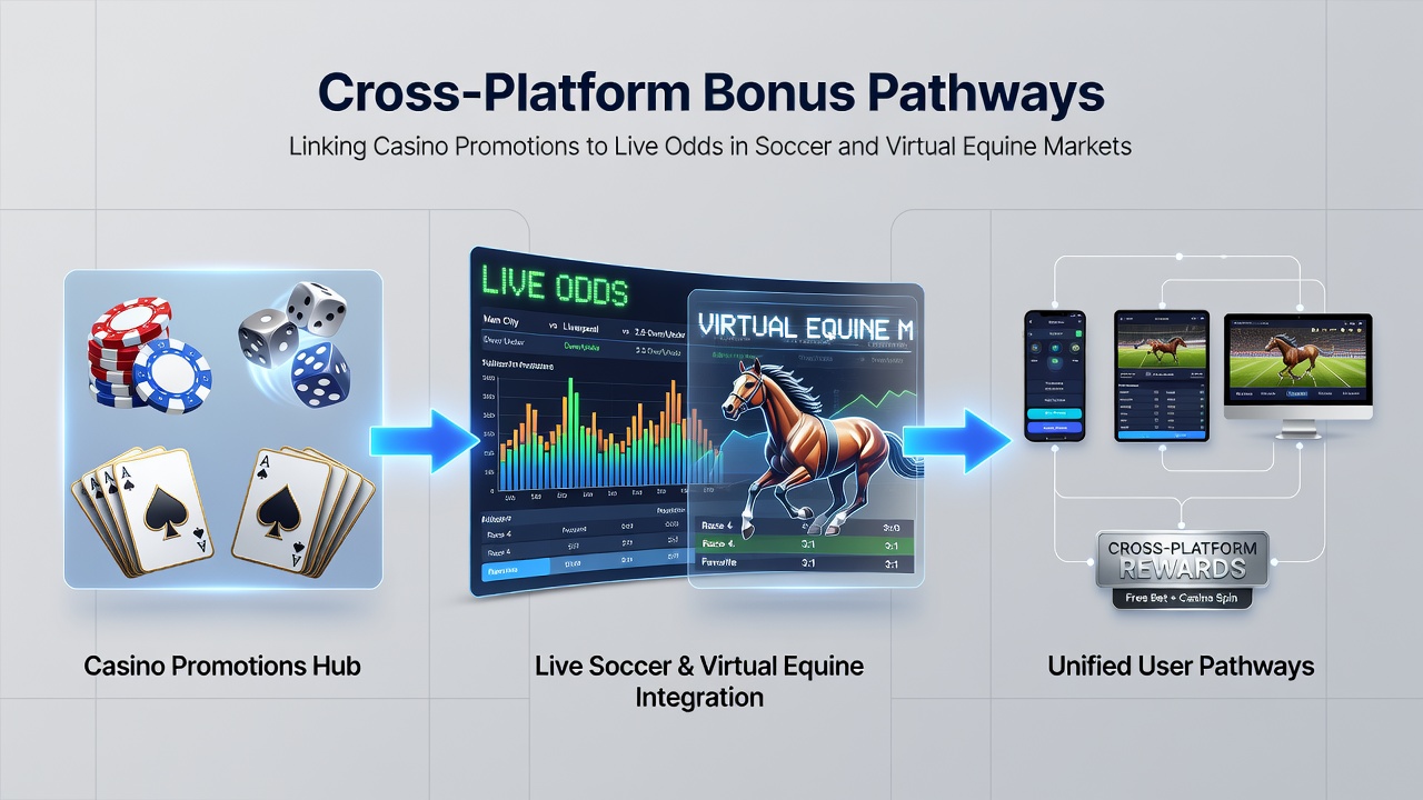 Screenshot of a betting interface displaying linked casino bonus balance alongside live soccer odds and virtual horse racing options