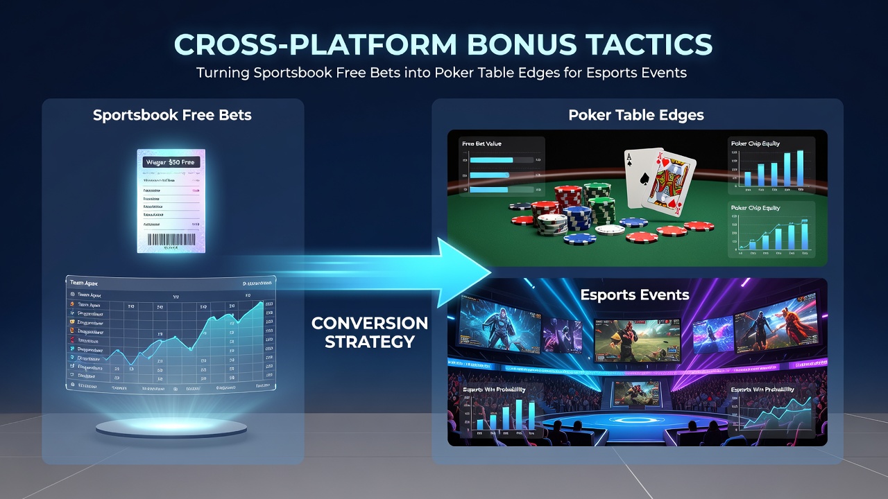 Esports poker players at a tournament table with overlaid graphics showing bonus balance indicators