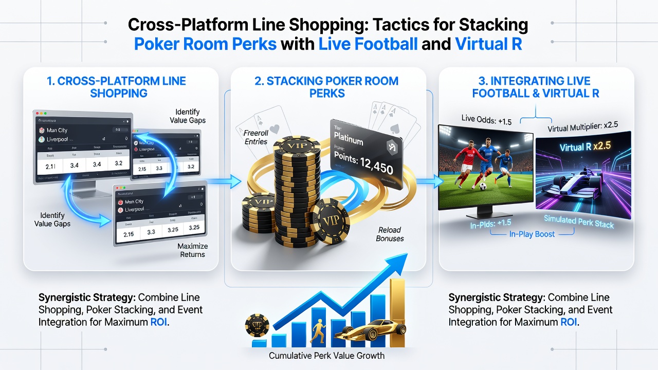 Split screen showing virtual horse racing interface alongside poker table and live football scoreboard