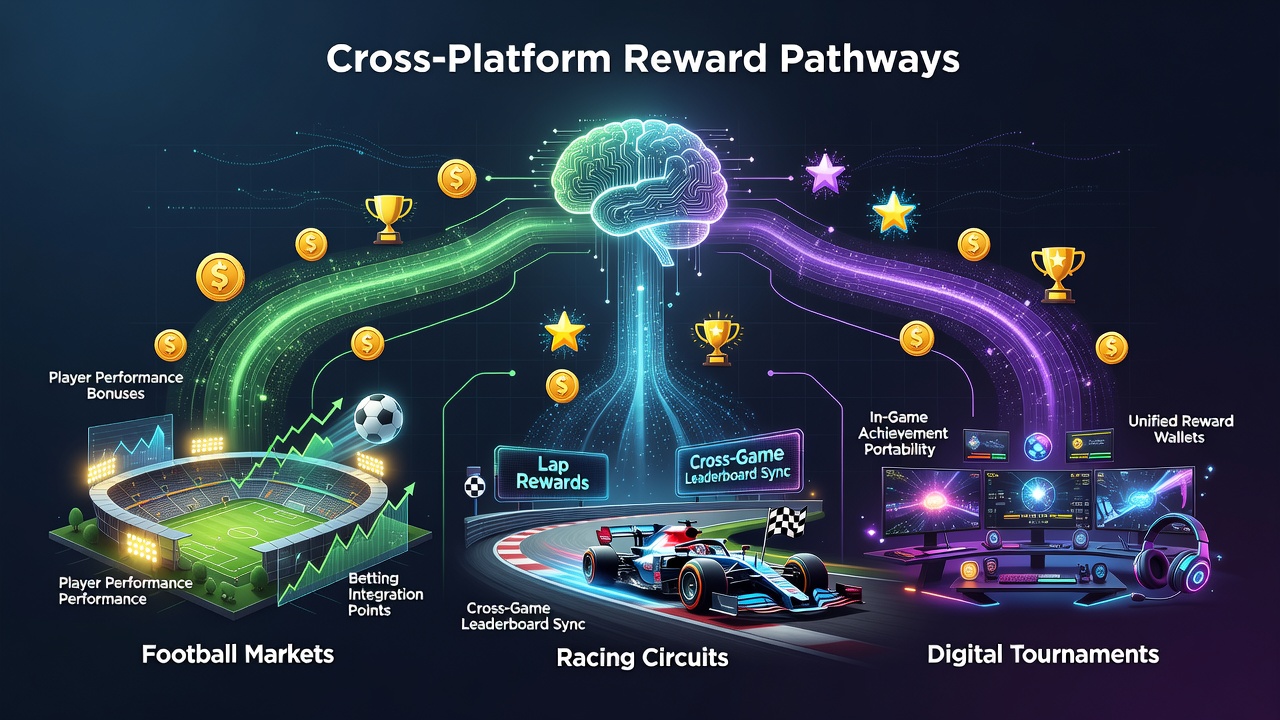 User interface screenshot displaying transferable rewards between football, racing, and esports sections on a betting platform