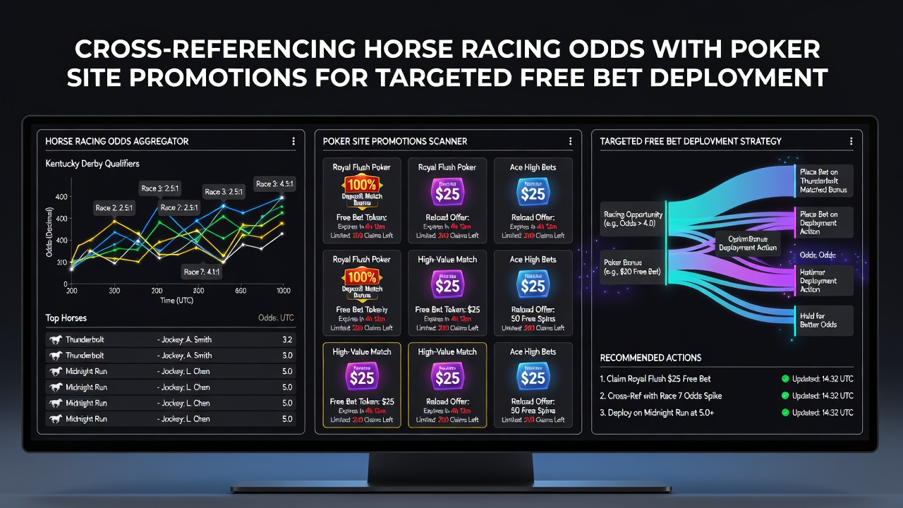 Data dashboard showing horse racing odds next to poker bonus terms