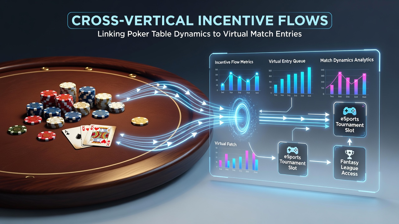 Digital interface showing poker loyalty points converting to virtual match entry tickets with flow arrows