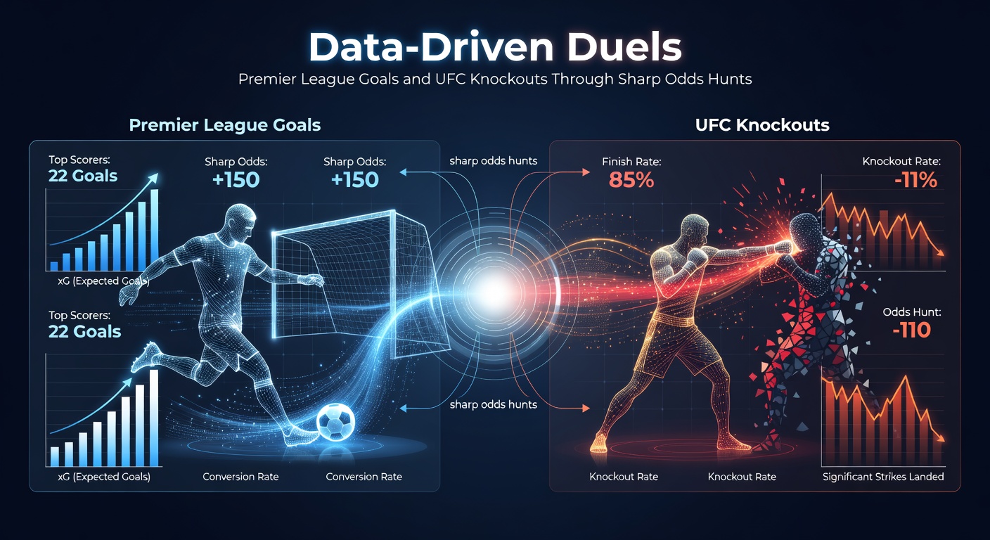 Data visualization charts comparing Premier League xG trends and UFC knockout probability models overlaid on betting odds graphs