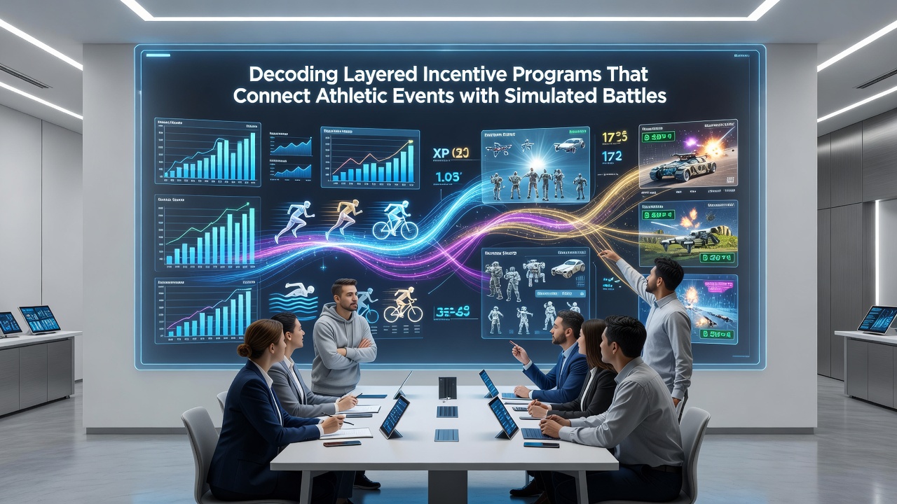 Digital dashboard displaying athletic event stats converting into simulated battle rewards and tiers