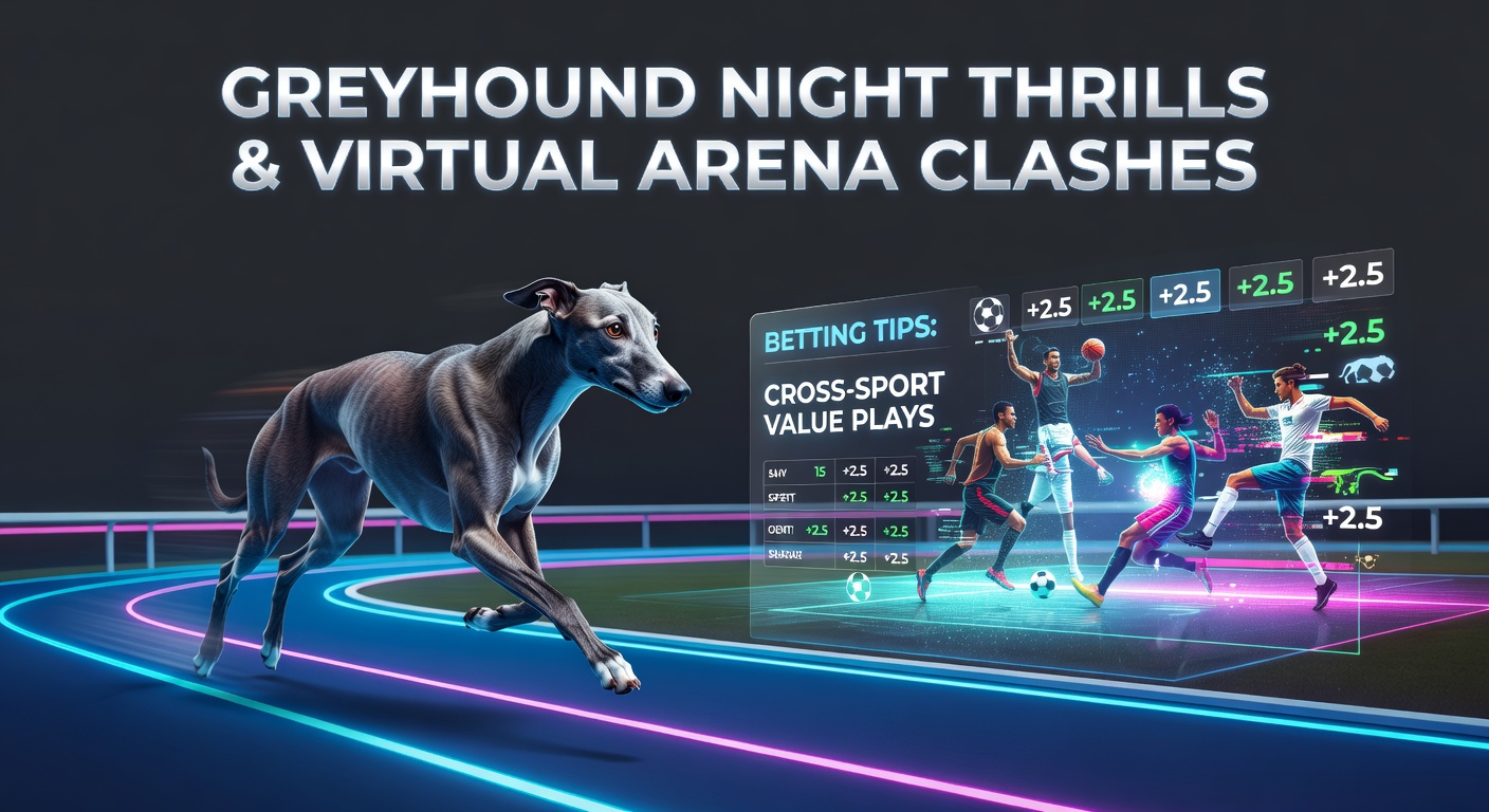 Greyhounds racing under night lights at a packed track, capturing the high-energy atmosphere of evening races