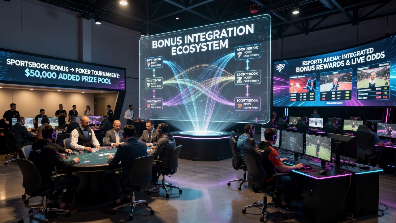 Esports arena view with overlaid platform notifications showing bonus eligibility for upcoming tournaments