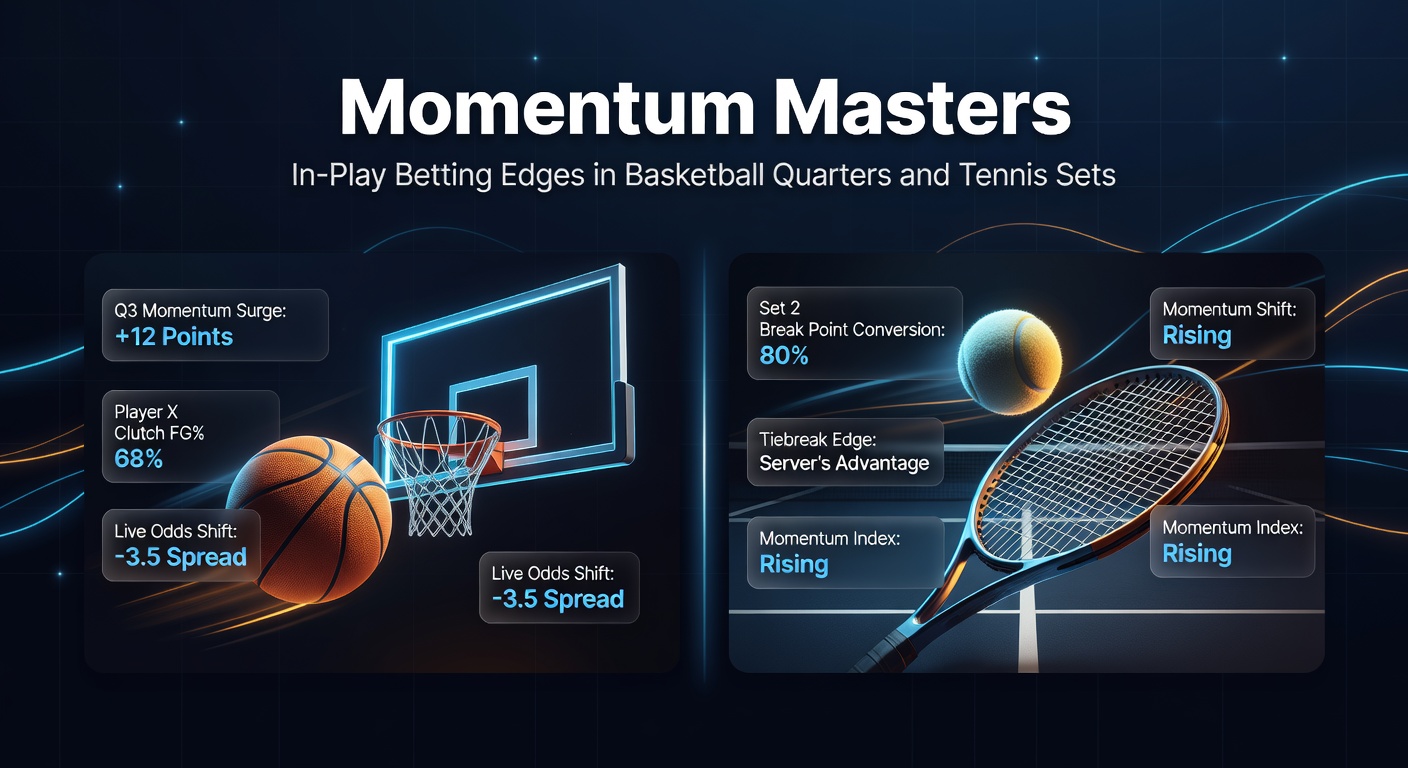 Dynamic in-play action from a basketball quarter and tennis set, highlighting momentum shifts