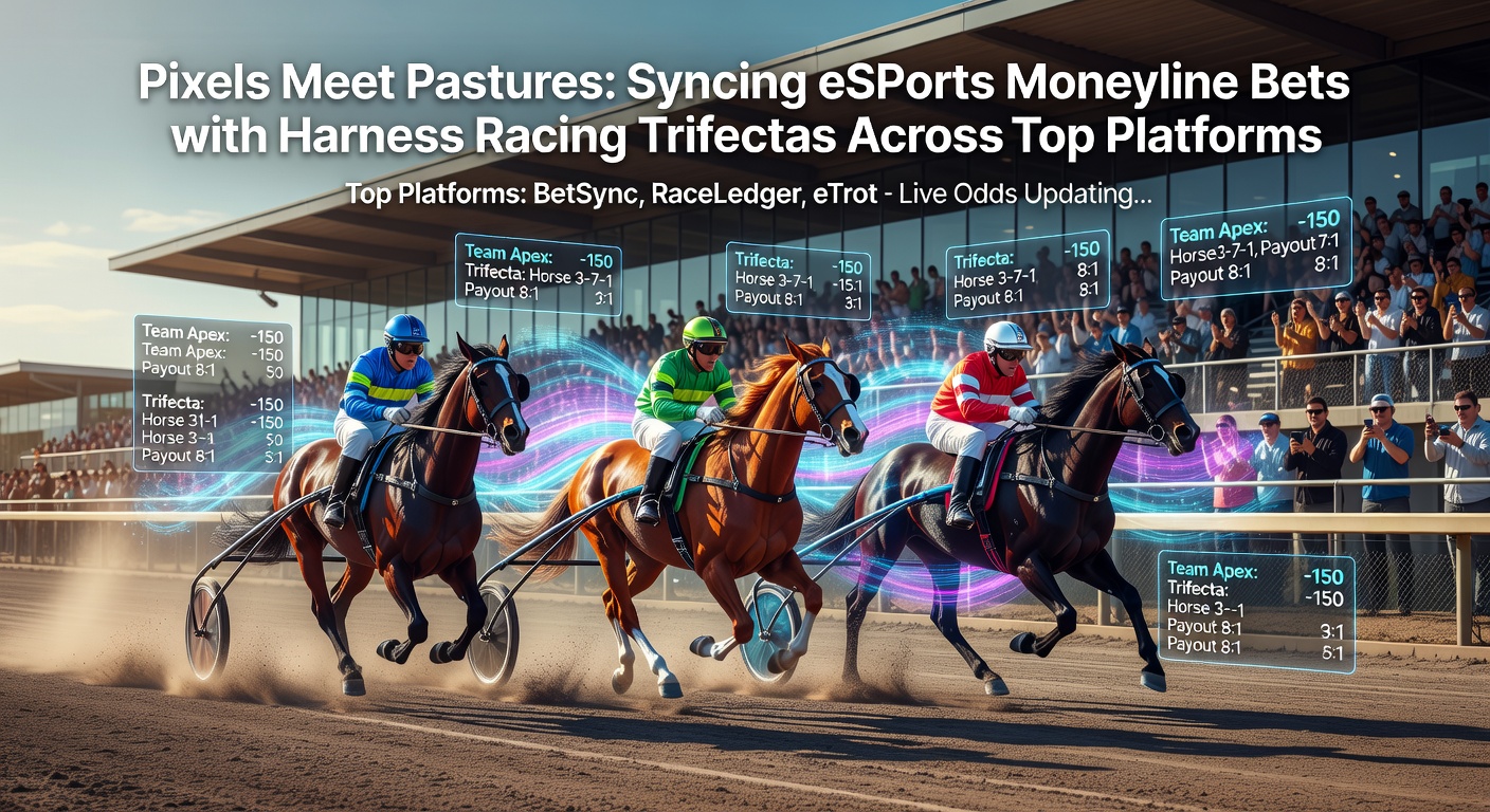 Vibrant scene of eSports players on screens alongside harness racing horses thundering down a track, symbolizing the fusion of virtual and live-action betting worlds