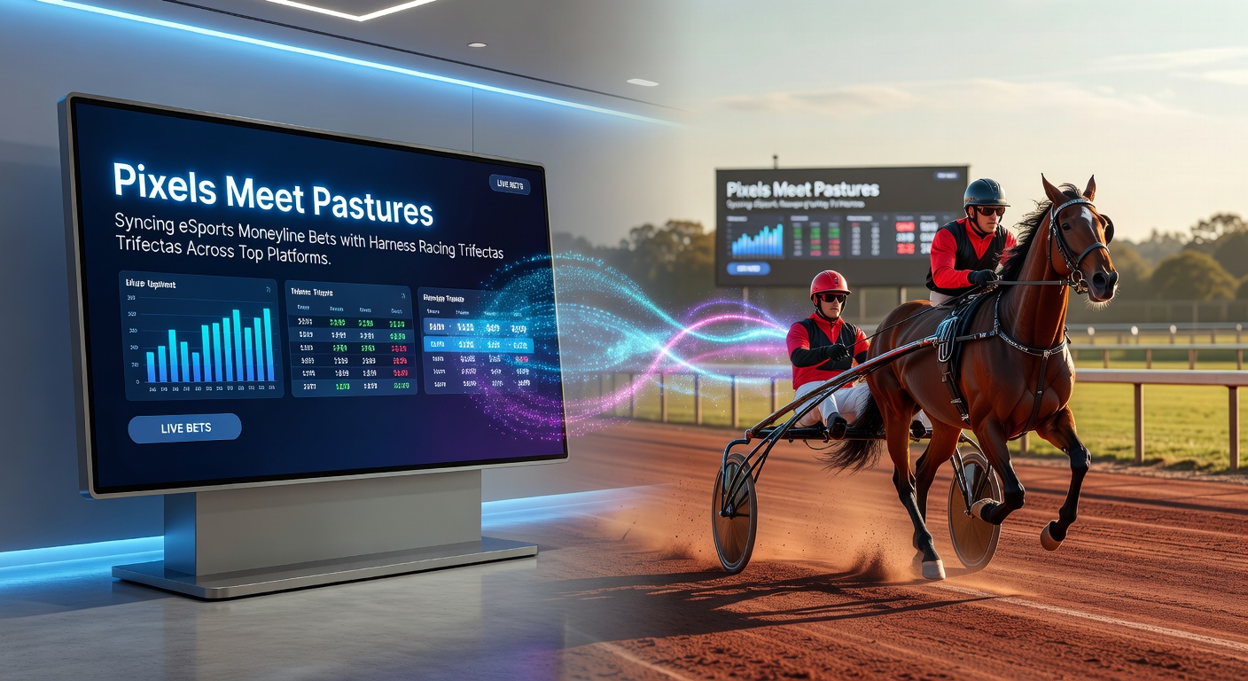 Close-up of a betting interface showing eSports moneyline odds next to a harness racing trifecta ticket, illustrating seamless platform integration for cross-sport wagering