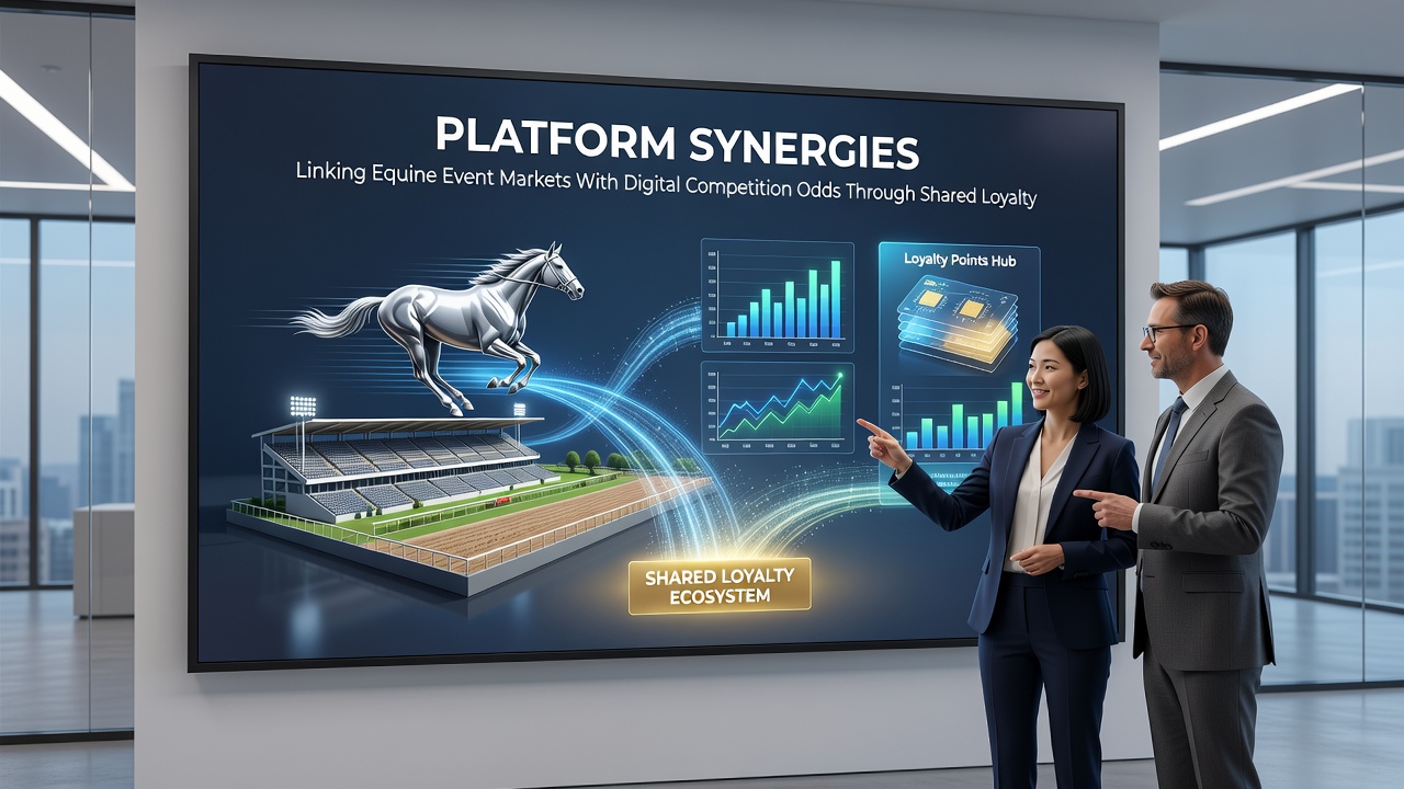 Data visualization dashboard displaying loyalty point flows between horse racing bets and digital competition odds with percentage growth metrics overlaid on a timeline