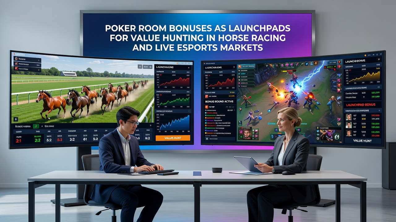 Live esports tournament screen next to horse racing results display showing odds movement