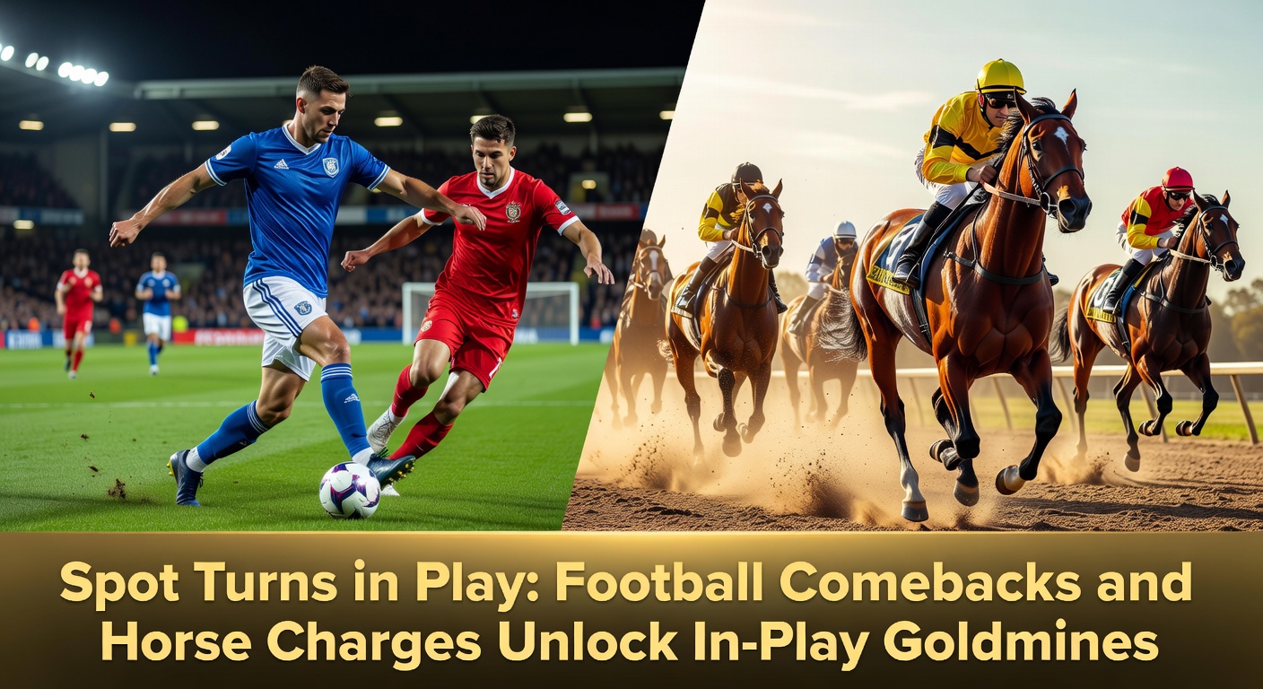 Dynamic in-play action showing a football player celebrating a late goal during a comeback and a horse surging forward in the final stretch of a race