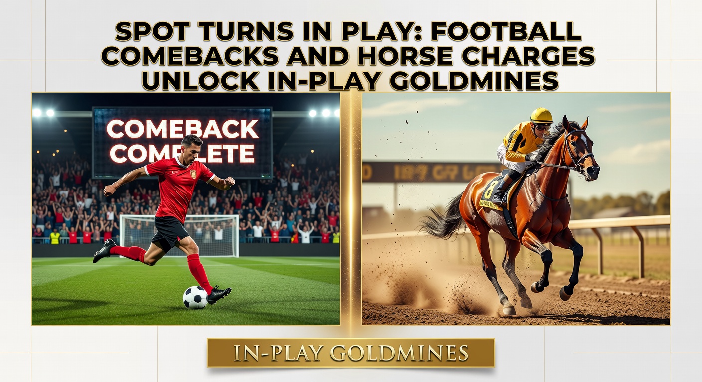 Close-up of a tense football comeback moment with fans on edge and a horse racing scene capturing a powerful late charge past competitors