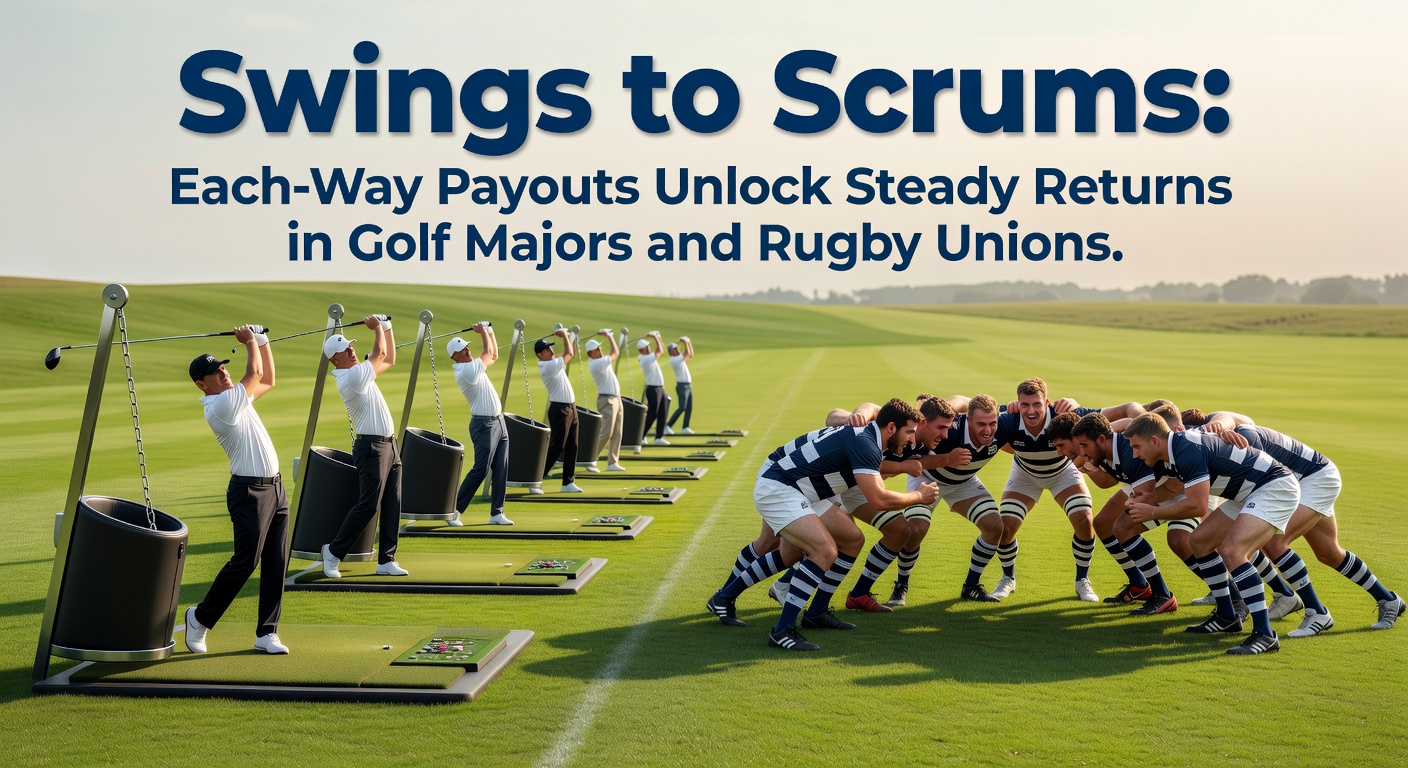 A golfer mid-swing on a lush green fairway during a major tournament, with a rugby scrum in the blurred background symbolizing the shift from swings to scrums in betting strategies