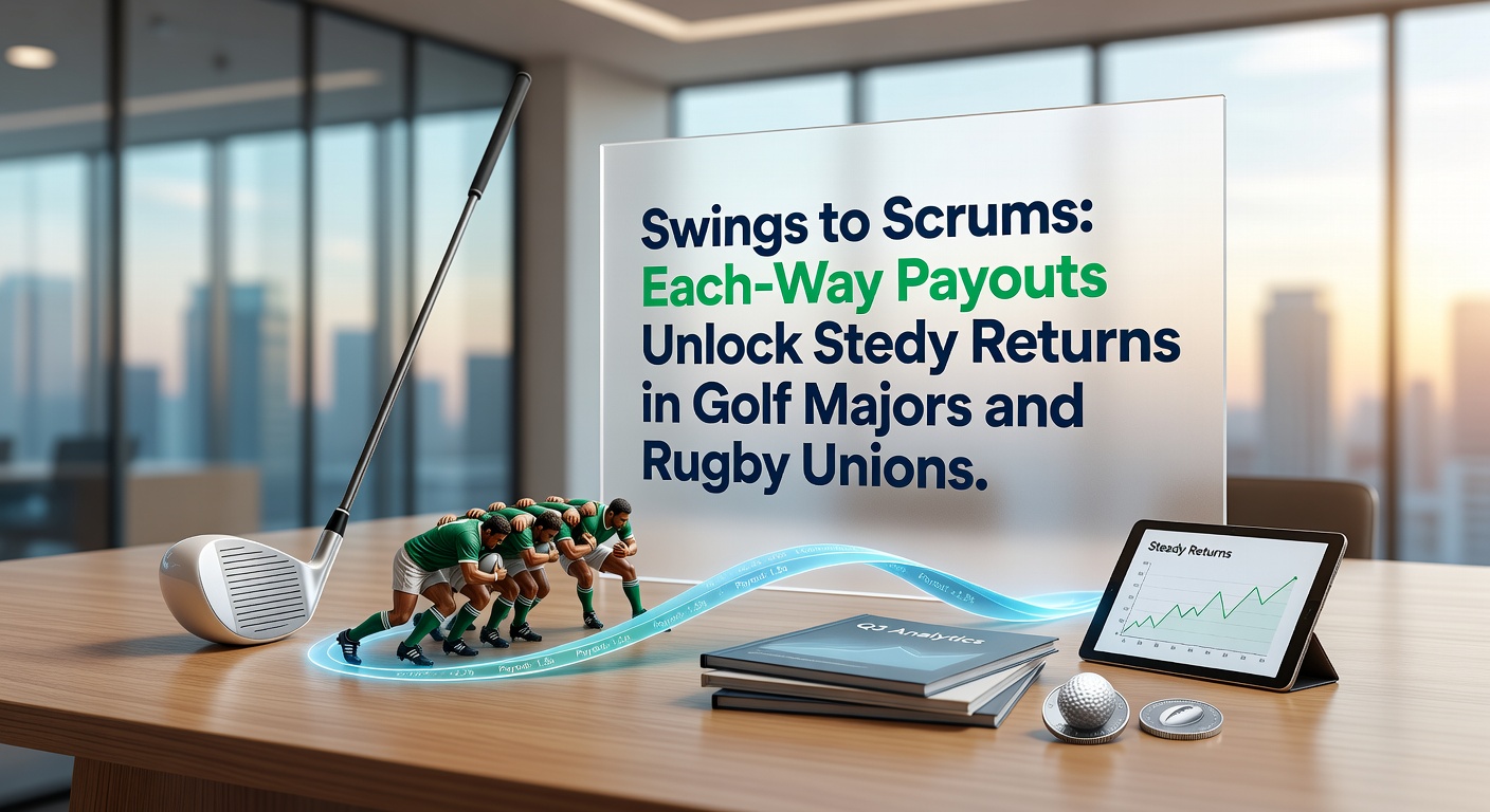 Intense rugby union scrum with players locked in battle, overlaid with golf flags waving in the wind to represent cross-sport betting opportunities