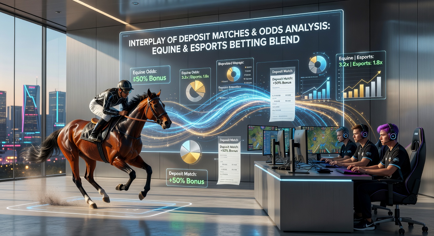 Split-screen view showing horse racing odds board next to an esports tournament bracket with overlaid probability calculations