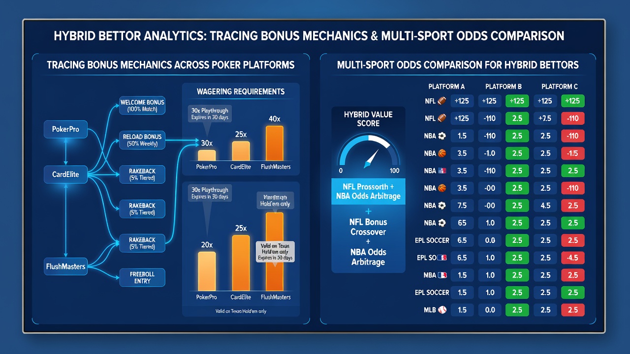 Hybrid bettor comparing live sports odds on multiple screens next to poker bonus tracker dashboard