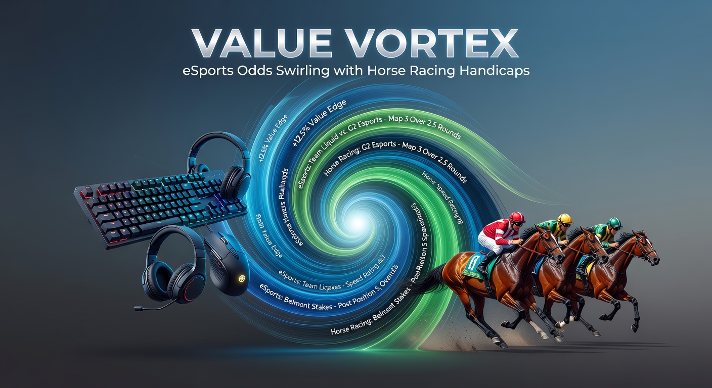 Dynamic swirl of eSports arena lights merging with a vibrant horse racing track under stadium floodlights, symbolizing the convergence of digital gaming odds and traditional turf handicaps
