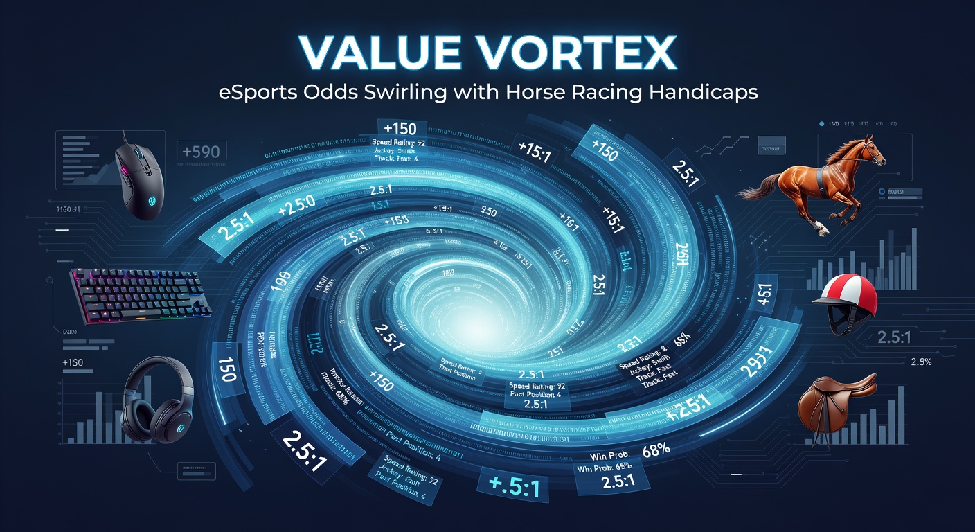 Close-up of a horse racing handicap form sheet overlaid with eSports betting odds screen, illustrating analytical overlap in value hunting